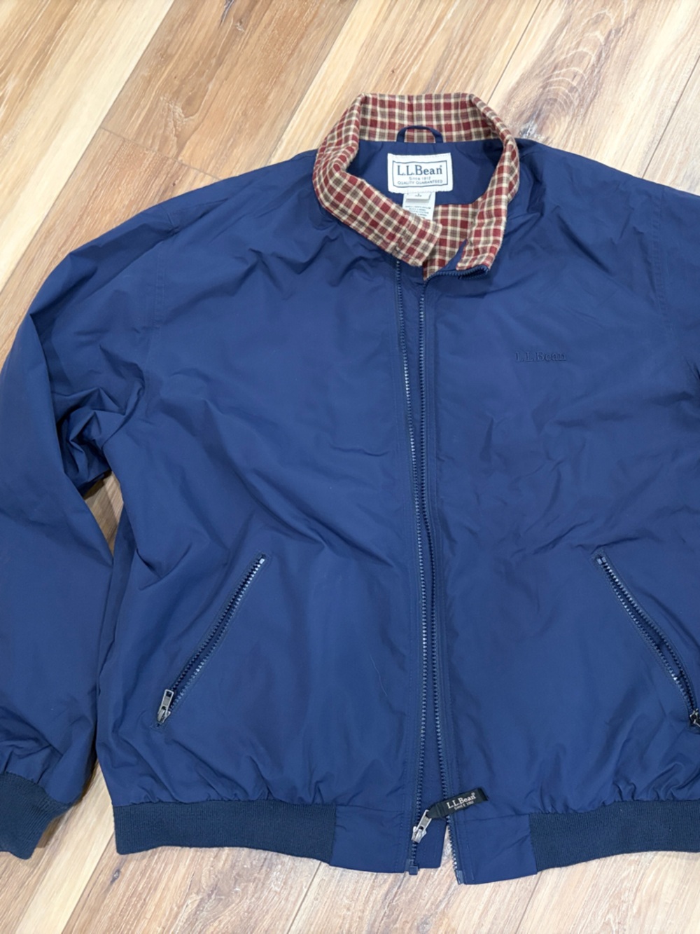 Vintage L.L. Bean Navy Bomber Jacket with Plaid Collar